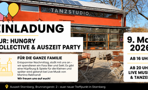 Einladungsplakat für eine Party im Tanzstudio mit Text zu Datum, Uhrzeit, Programm und Adresse, darunter eine Illustration von Luftballons und einem Haus.