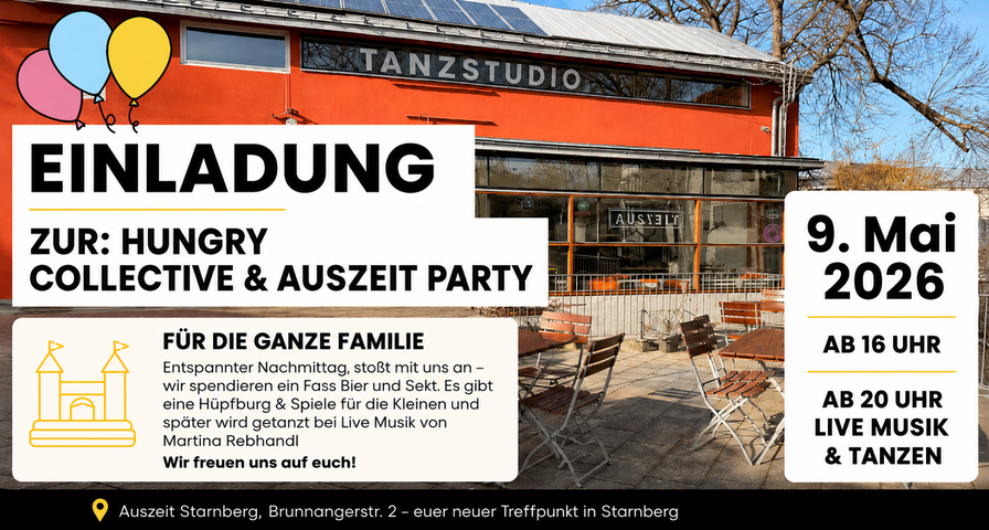Einladungsplakat für eine Party im Tanzstudio mit Text zu Datum, Uhrzeit, Programm und Adresse, darunter eine Illustration von Luftballons und einem Haus.
