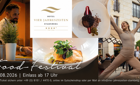 Mann mit Bart steht Showküche mit Pflanzen im Vordergrund, Logo des Hotels Vier Jahreszeiten Starnberg, Teller mit Dessert und Beeren, Frau in beiger Kleidung macht Akrobatik im Freien vor Publikum