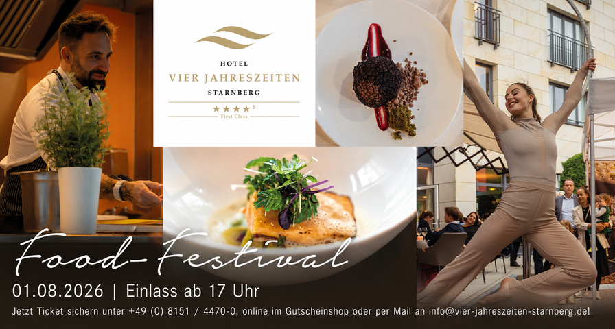 Mann mit Bart steht Showküche mit Pflanzen im Vordergrund, Logo des Hotels Vier Jahreszeiten Starnberg, Teller mit Dessert und Beeren, Frau in beiger Kleidung macht Akrobatik im Freien vor Publikum