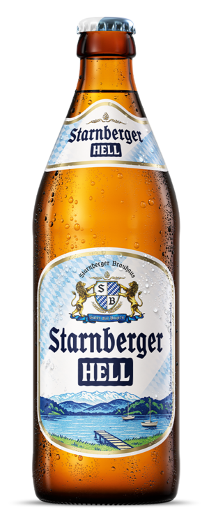 Starnberger Hell Bierflasche mit blau-weißem Etikett und Logo.