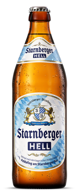 Starnberger Hell Bierflasche mit blau-weißem Etikett und Logo.