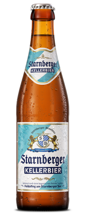 Starnberger Kellerbier Bierflasche mit türkis-weißem Etikett und Logo.