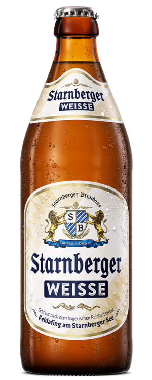 Starnberger Weiße Bierflasche mit beige-weißem Etikett und Logo.